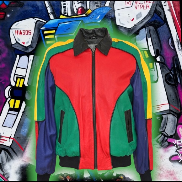 💎ViNTaGe💎MiCHaeL HoBaN CoLoRBLoCK 🔵🔴🟡 LeaTHeR JaCKeT 🧥 - Picture 2 of 6